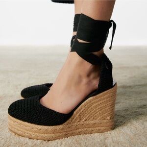 Zara Black and Tan Wedge Espadrilles with Ankle Wrap